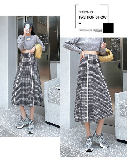 Waist A-Line Skirt Knit Midi Plaid High