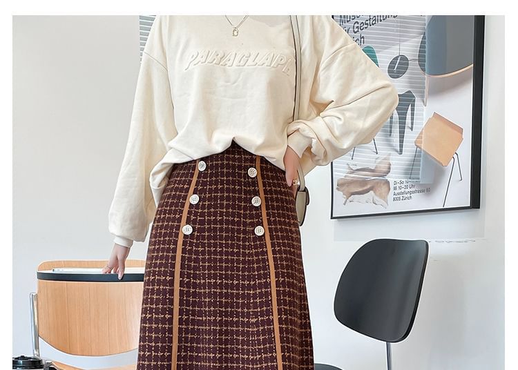 Waist A-Line Skirt Knit Midi Plaid High