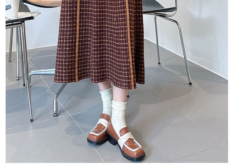 Waist A-Line Skirt Knit Midi Plaid High