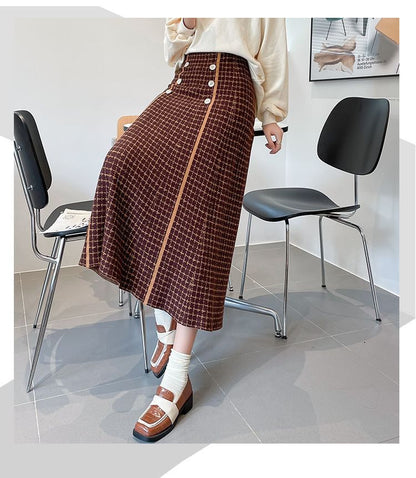 Waist A-Line Skirt Knit Midi Plaid High
