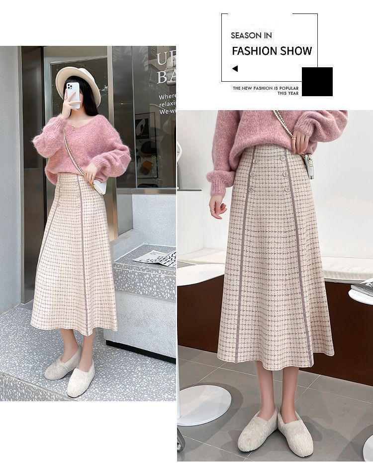 Waist A-Line Skirt Knit Midi Plaid High