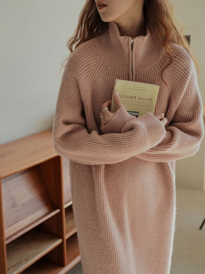 Sweater Midi Plain Half-Zip Long-Sleeve Ribbed Dress