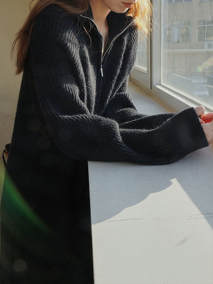 Sweater Midi Plain Half-Zip Long-Sleeve Ribbed Dress