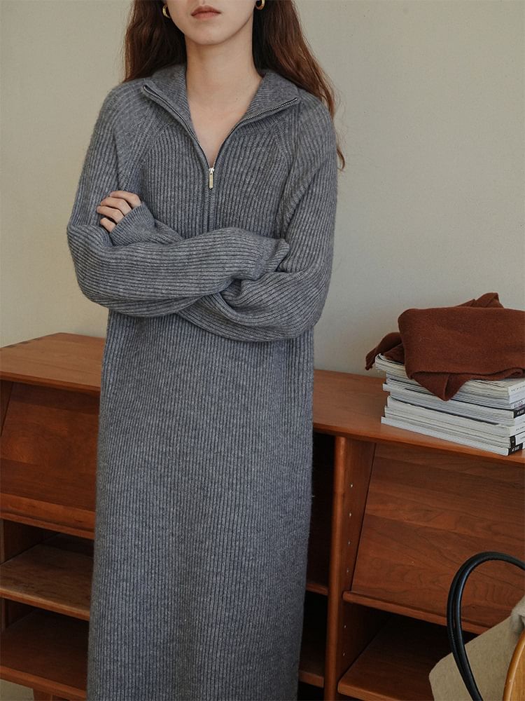 Sweater Midi Plain Half-Zip Long-Sleeve Ribbed Dress
