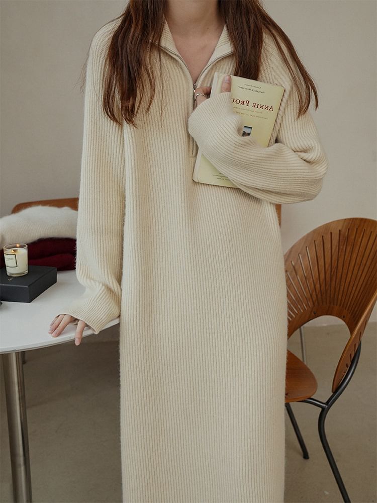 Sweater Midi Plain Half-Zip Long-Sleeve Ribbed Dress