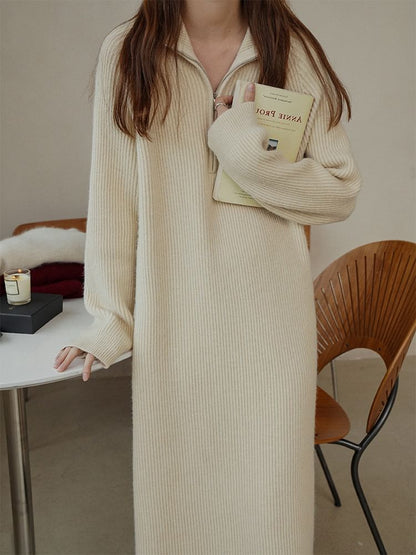 Sweater Midi Plain Half-Zip Long-Sleeve Ribbed Dress