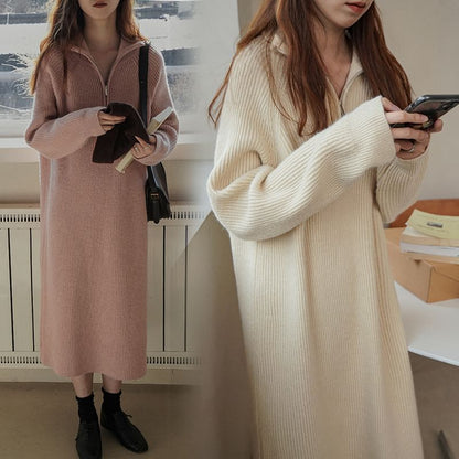 Sweater Midi Plain Half-Zip Long-Sleeve Ribbed Dress
