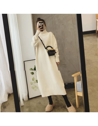 Long-Sleeve Plain Turtleneck Midi Sweater Dress
