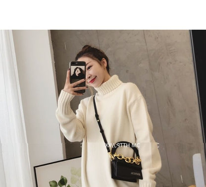Long-Sleeve Plain Turtleneck Midi Sweater Dress