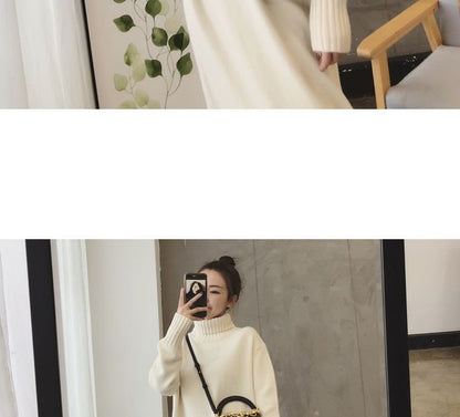 Long-Sleeve Plain Turtleneck Midi Sweater Dress