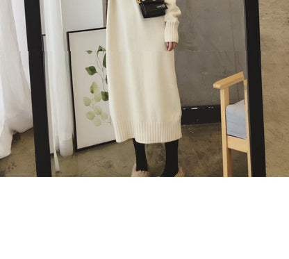 Long-Sleeve Plain Turtleneck Midi Sweater Dress