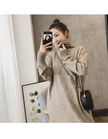 Long-Sleeve Plain Turtleneck Midi Sweater Dress
