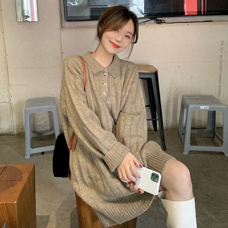 Dress Mini Sweater Plain Long-Sleeve Polo-Neck
