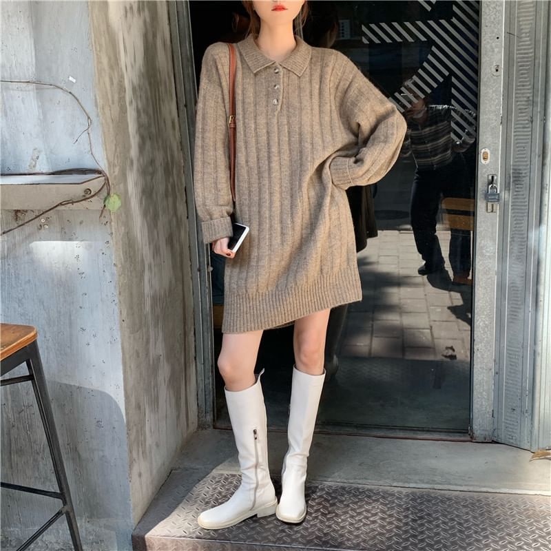 Dress Mini Sweater Plain Long-Sleeve Polo-Neck