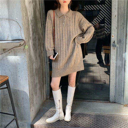 Dress Mini Sweater Plain Long-Sleeve Polo-Neck