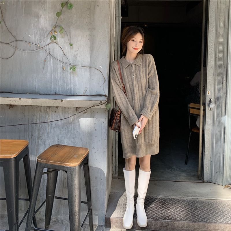 Dress Mini Sweater Plain Long-Sleeve Polo-Neck