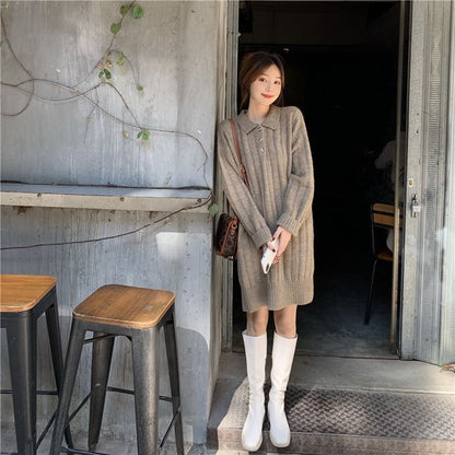 Dress Mini Sweater Plain Long-Sleeve Polo-Neck