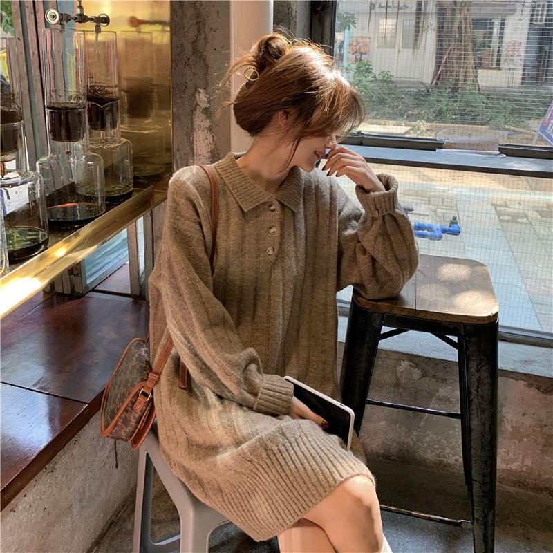 Dress Mini Sweater Plain Long-Sleeve Polo-Neck