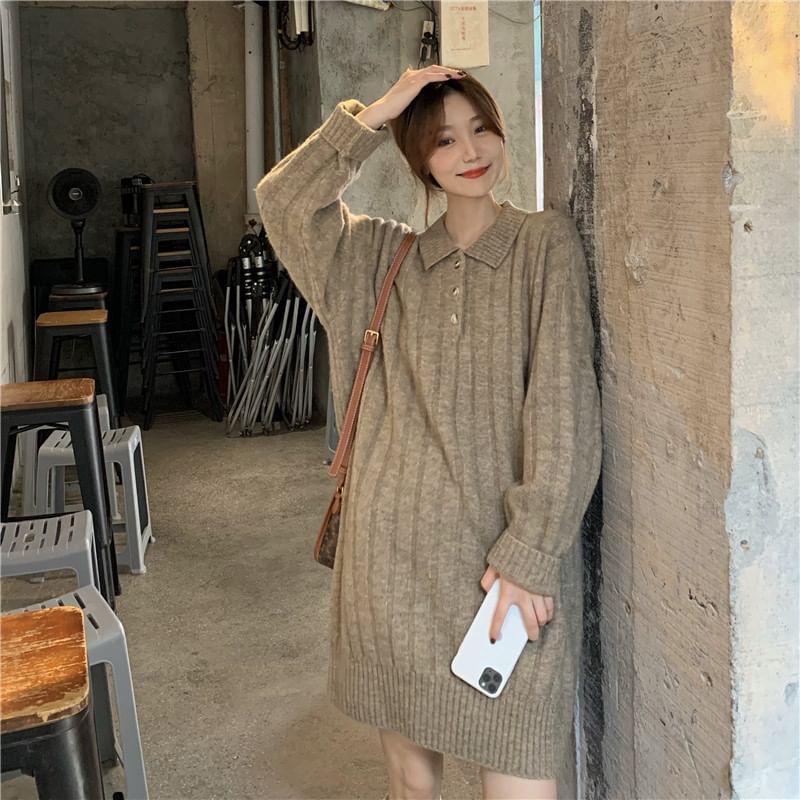 Dress Mini Sweater Plain Long-Sleeve Polo-Neck