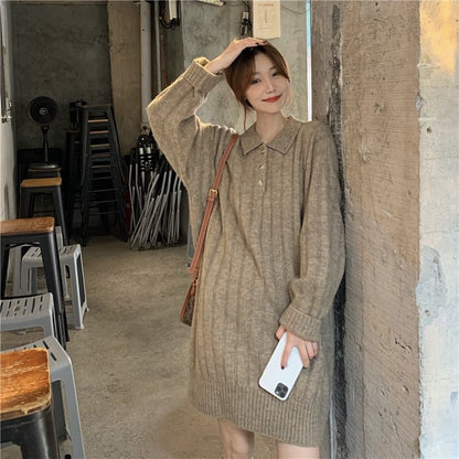 Dress Mini Sweater Plain Long-Sleeve Polo-Neck