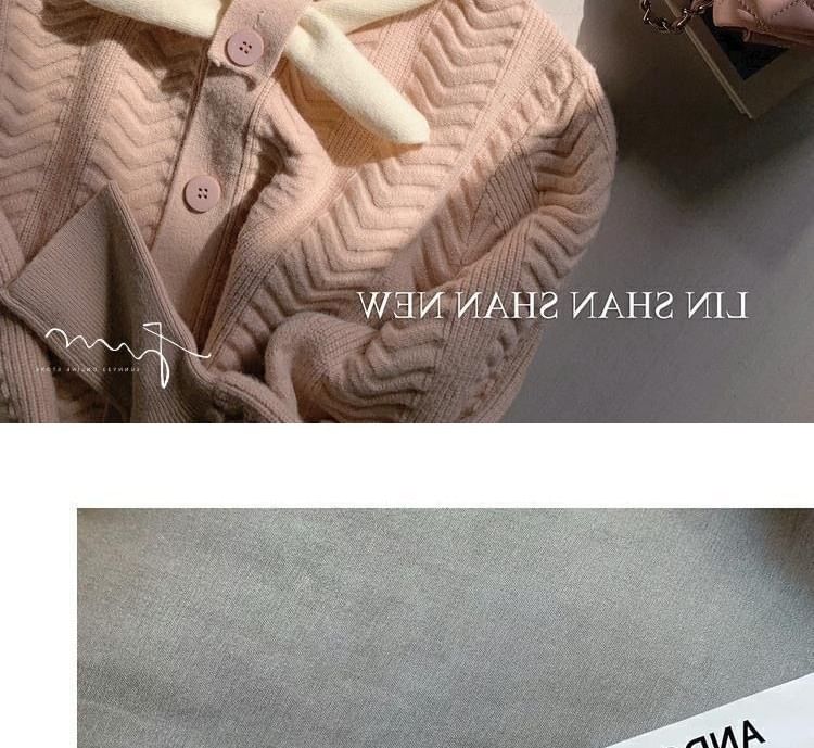 Dress Midi Button-Up Puff-Sleeve Plain Tie-Neck Knit