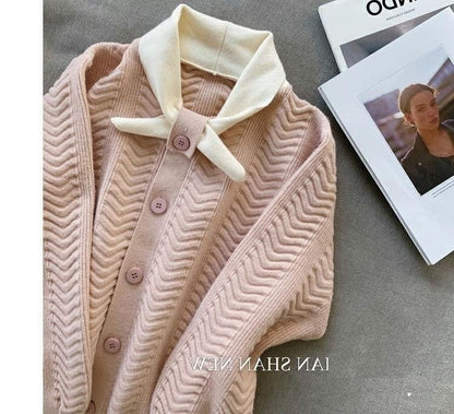 Dress Midi Button-Up Puff-Sleeve Plain Tie-Neck Knit