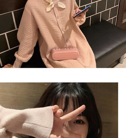 Dress Midi Button-Up Puff-Sleeve Plain Tie-Neck Knit