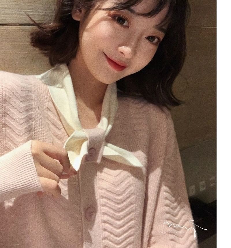 Dress Midi Button-Up Puff-Sleeve Plain Tie-Neck Knit