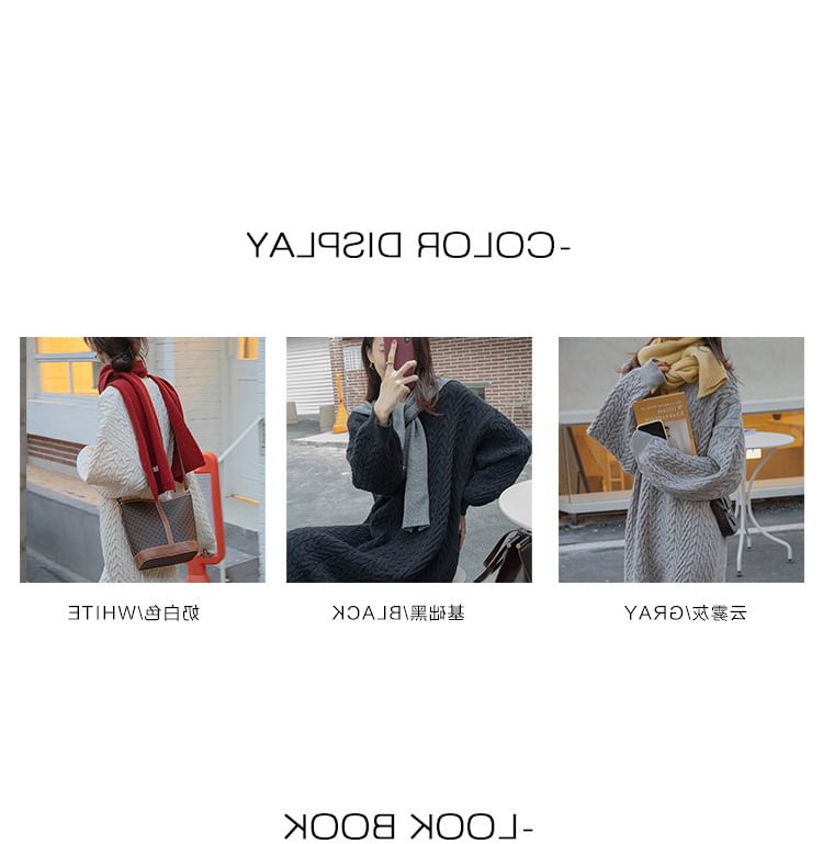 Long-Sleeve Sweater Plain V-Neck Dress Midi