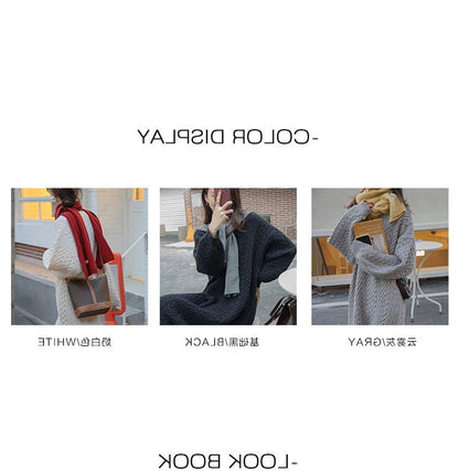 Long-Sleeve Sweater Plain V-Neck Dress Midi