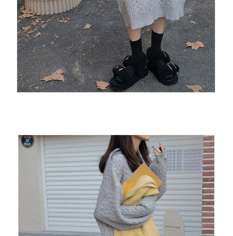 Long-Sleeve Sweater Plain V-Neck Dress Midi