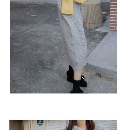 Long-Sleeve Sweater Plain V-Neck Dress Midi