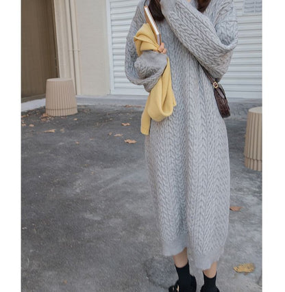 Long-Sleeve Sweater Plain V-Neck Dress Midi