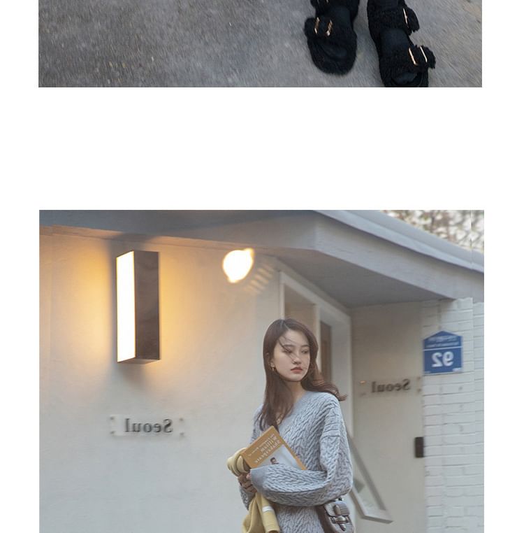 Long-Sleeve Sweater Plain V-Neck Dress Midi