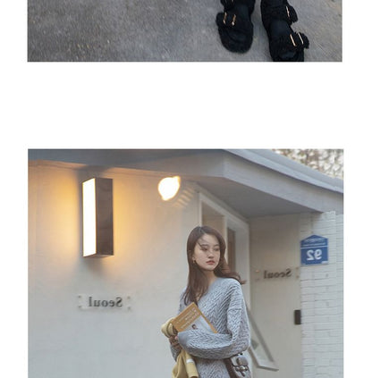 Long-Sleeve Sweater Plain V-Neck Dress Midi