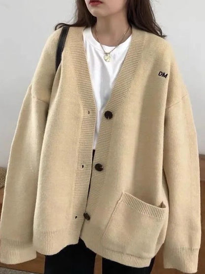 Embroidered Cardigan Letter Button-Up V-Neck