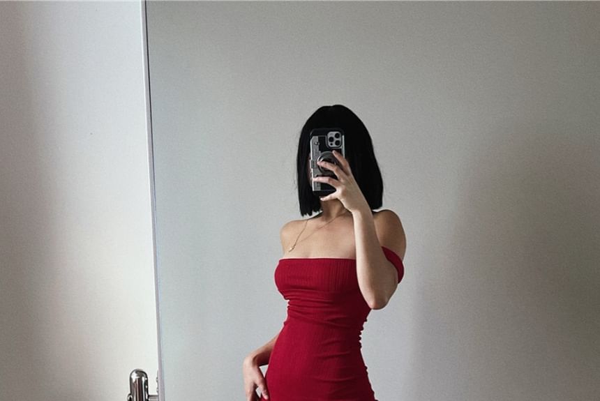 Sheath Shoulder Dress Off Plain Midi