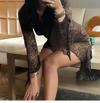 V-Neck Mini Dress Lace Long-Sleeve Bodycon