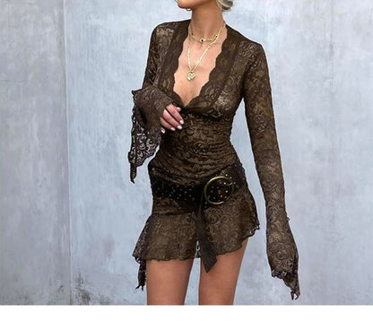 V-Neck Bodycon Dress Long-Sleeve Mini Lace
