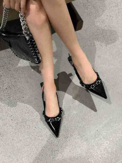 Kitten Heel Pointed Toe Plain Buckled Faux Leather Slingback Sandals