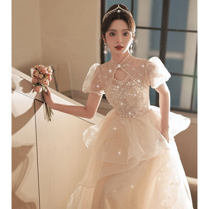 Robe de soirée trapèze à manches bouffantes, col montant, imprimé étoiles, sequins, fausses perles, découpes