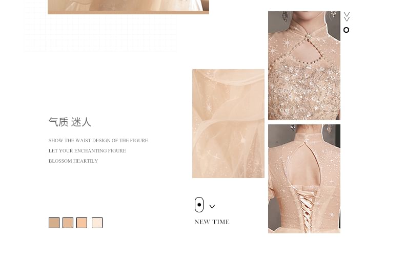 Robe de soirée trapèze à manches bouffantes, col montant, imprimé étoiles, sequins, fausses perles, découpes