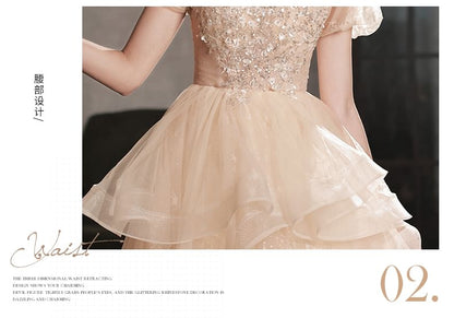 Robe de soirée trapèze à manches bouffantes, col montant, imprimé étoiles, sequins, fausses perles, découpes