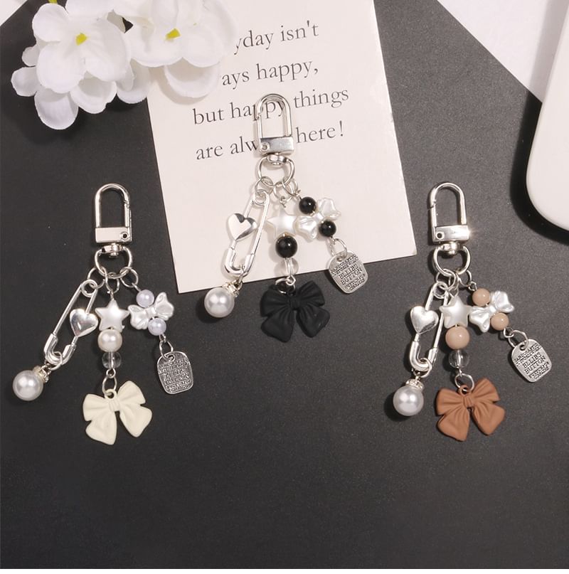 Bow Faux Pearl Acrylic Alloy Bag Charm Keyring (Various Designs)