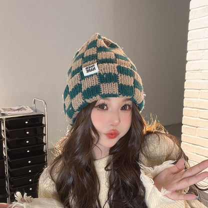 Lettering Knit Beanie Applique Checker
