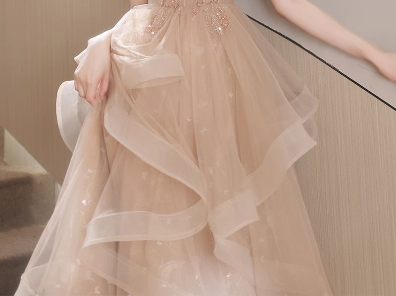 Short-Sleeve Collared Sequin Bow Ruffle Mesh A-Line Evening Gown