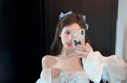 Tone Dress A-Line Trim Two Patterned Lace-Up Off-Shoulder Mini Belt / Puff-Sleeve Corset Lace