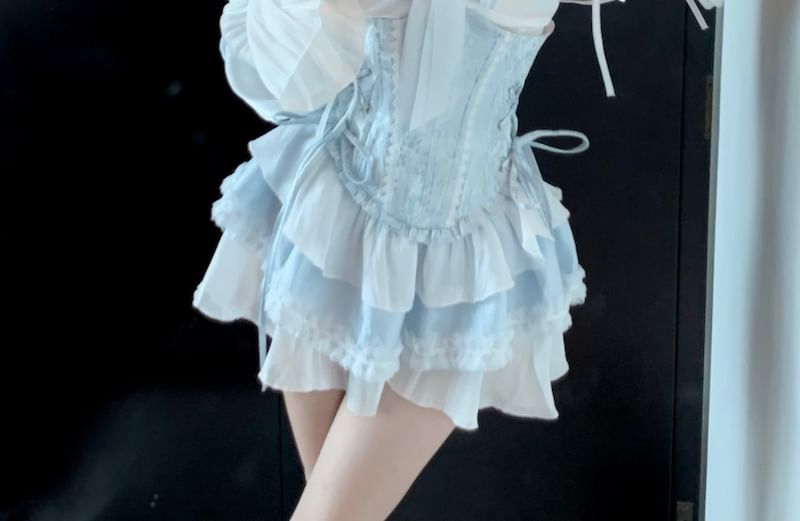 Tone Dress A-Line Trim Two Patterned Lace-Up Off-Shoulder Mini Belt / Puff-Sleeve Corset Lace