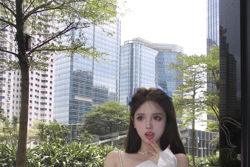 Tone Dress A-Line Trim Two Patterned Lace-Up Off-Shoulder Mini Belt / Puff-Sleeve Corset Lace