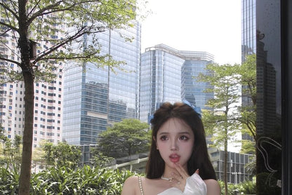 Tone Dress A-Line Trim Two Patterned Lace-Up Off-Shoulder Mini Belt / Puff-Sleeve Corset Lace